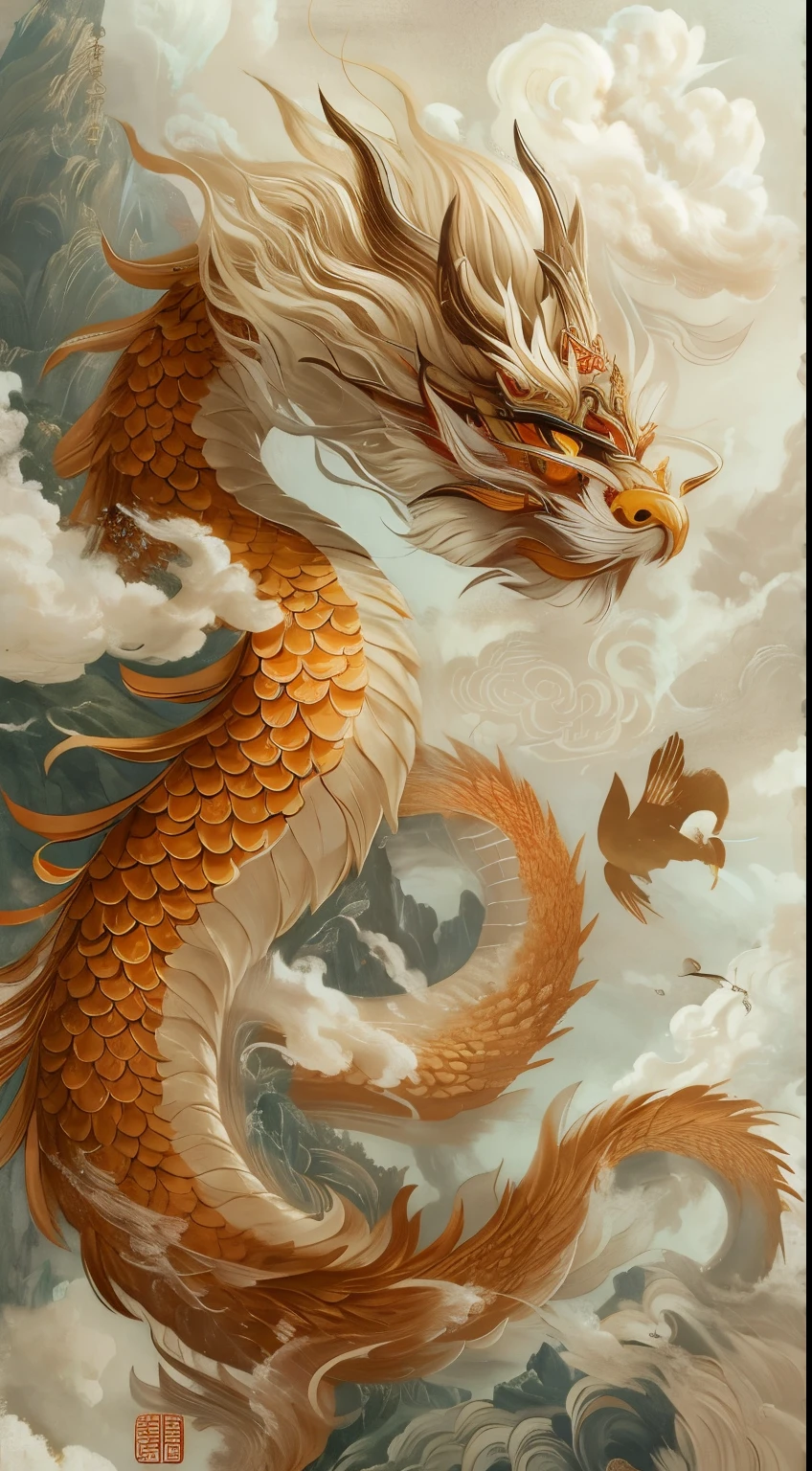 painting of a 龙 in the clouds with a sky background, majestic japanese 龙, 龙 art, chinese 龙 concept art, golden 龙, oil painting of 龙, chinese 龙, smooth chinese 龙, phoenix 龙, flying 龙, chinese 龙s fighting, cyan chinese 龙 fantasy, epic 龙, 中国奇幻, 龙, a 龙 made of clouds, lung 龙, legendary 龙
