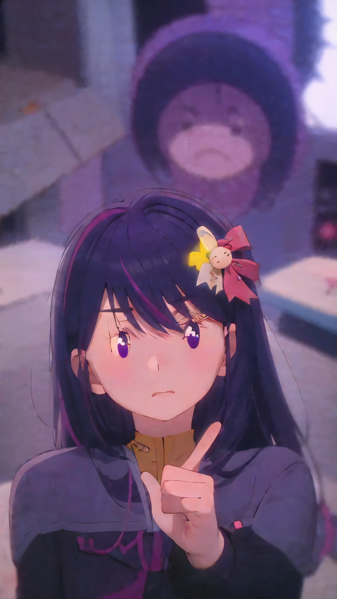 1 fullframe Hoshino Ai, long hair, purple hair, streaked hair ,purple eyes, star-shaped pupils, hair ornament, esyes closed hurt expression ds9st uniform