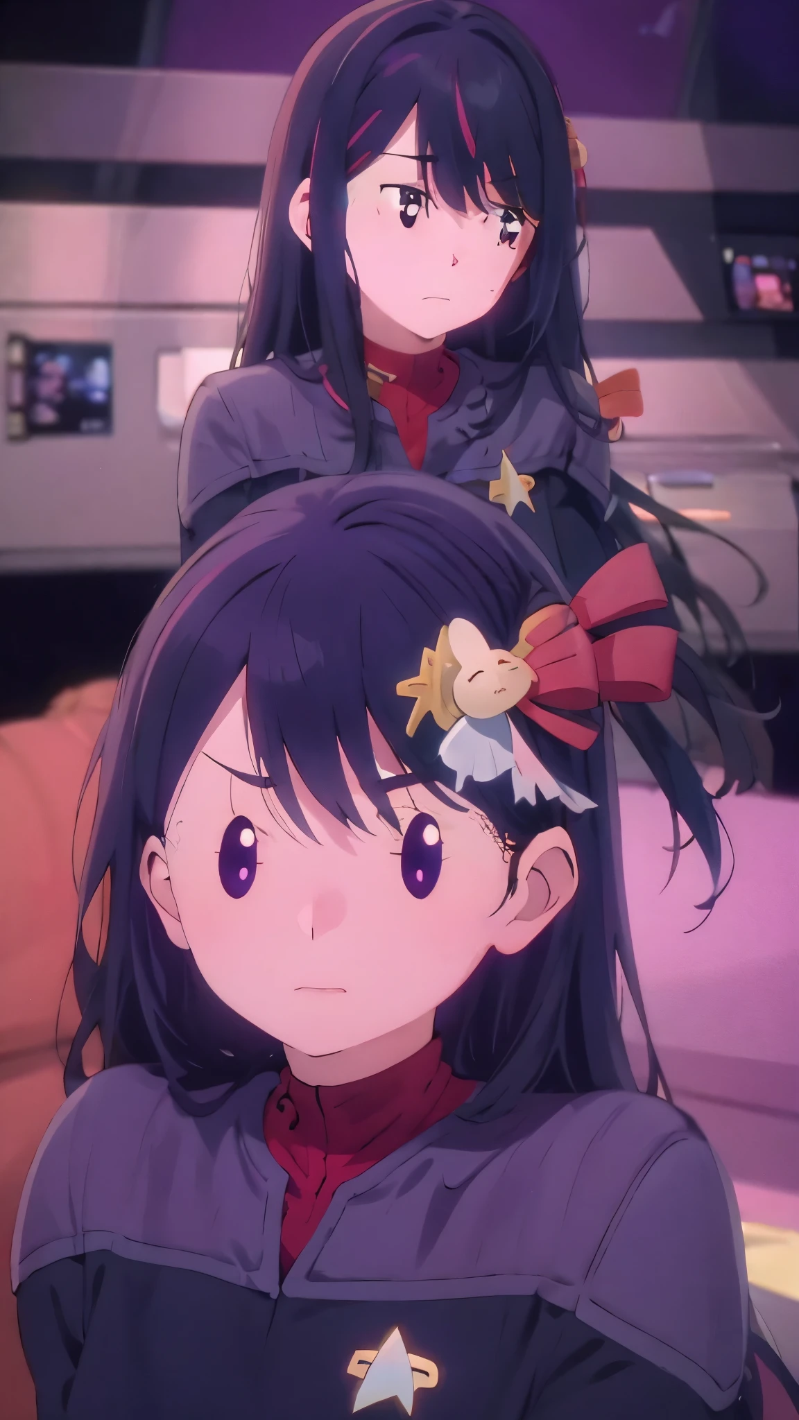 1 fullframe Hoshino Ai, long hair, purple hair, streaked hair ,purple eyes, star-shaped pupils, hair ornament, esyes closed hurt expression ds9st uniform