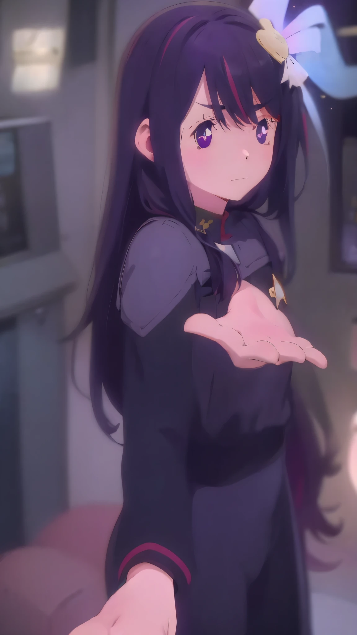 1 fullframe Hoshino Ai, long hair, purple hair, streaked hair ,purple eyes, star-shaped pupils, hair ornament, esyes closed hurt expression ds9st uniform