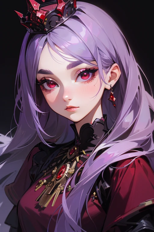 (highest quality, masterpiece:1.2), High resolution, Super detailed, realistic:1.37, fantasy, An illustration, red eyes, Queen, purple dress.Platinum decoration、beautifully、Eyeshadow Red、Dark eyebrows、long eyelashes、Pupils are black