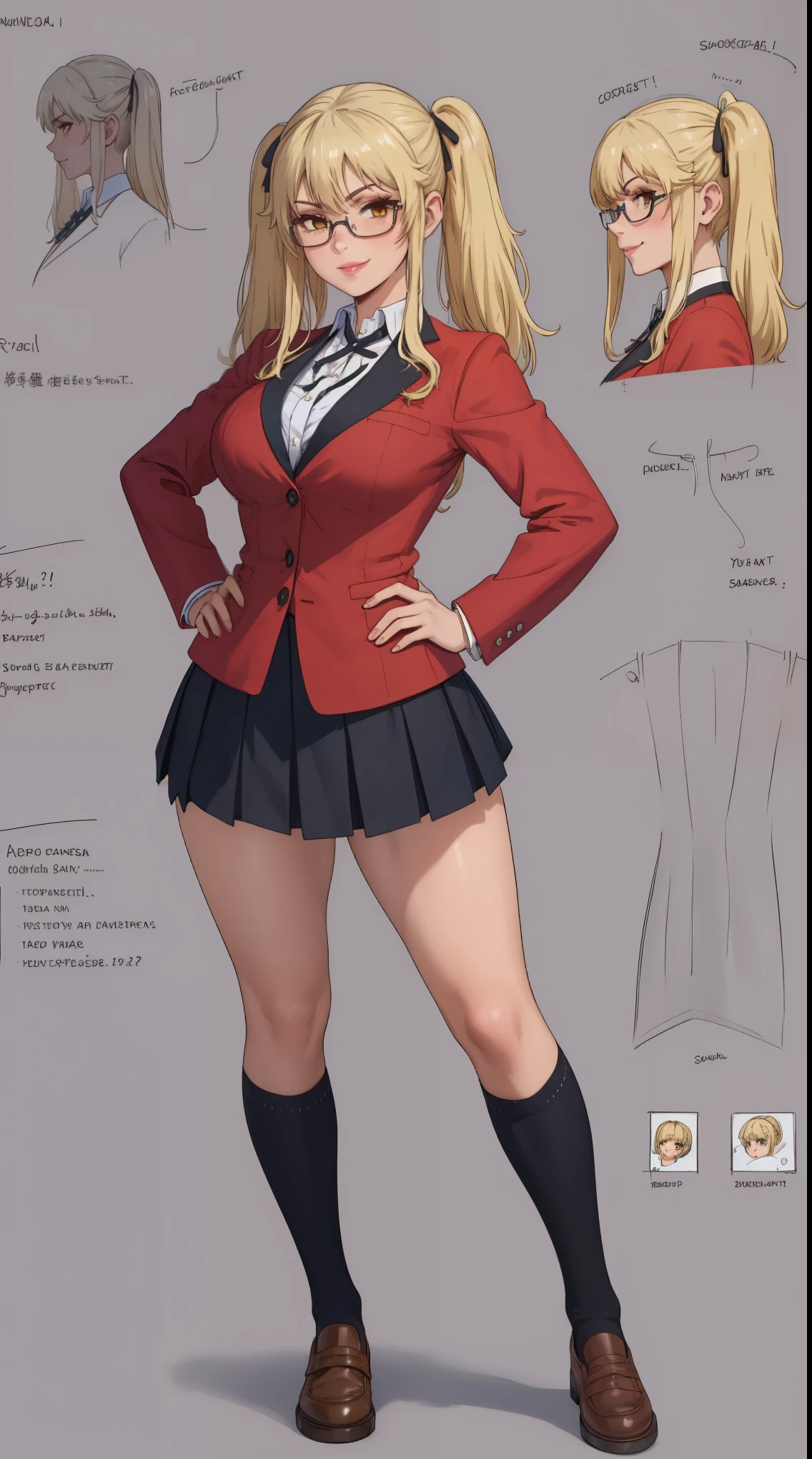 girl, solo, full body, from head to toe, standing, (Huge_Breasts:1.3), wearing a short skirt (weight: 1.5),

Character Design Sheet, character reference sheet, character turn around,

saotome mary, school uniform, red jacket, twintails, blonde hair

a girl with blonde hair and glasses standing in front of a white background, 1girl, solo, skirt, jacket, school uniform, twintails, blonde hair, hand on hip, shirt, red jacket, white shirt, full body, long hair, black ribbon, looking at viewer, pleated skirt, ribbon, smile, black skirt, yellow eyes, blazer, brown footwear, socks, collared shirt,