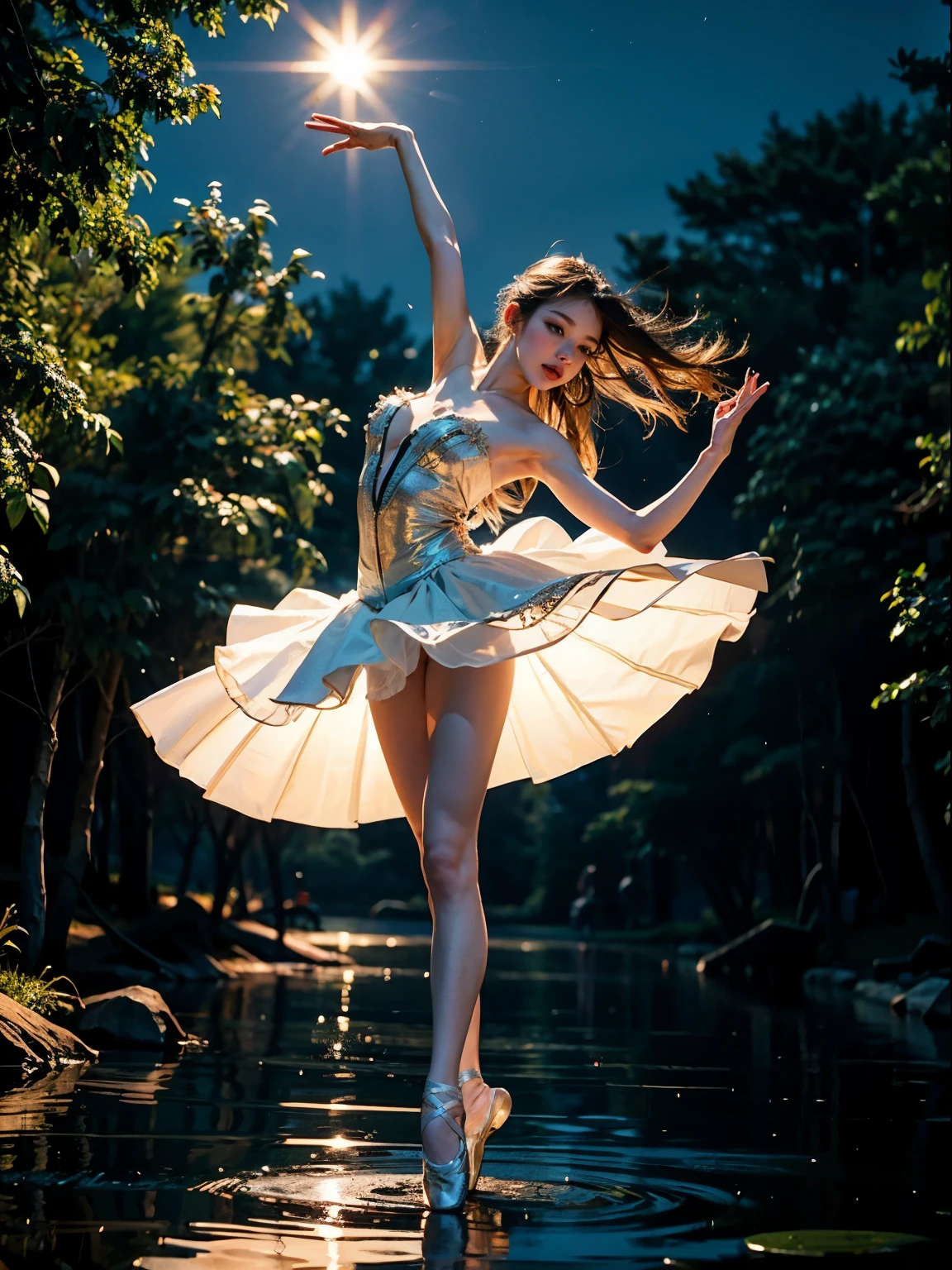 fantasy, high quality, 8K, realistic,photo realistic,RAW photo,photography,High resolution, ultra-definition, highest quality,Dramatic lighting, glitter effect, from below, midnight, moonlight, ballet、Swan Lake、ballet swan lake、Lake in the deep forest、full body、break, A prima donna girl gracefully dances ballet in the moonlight on a mysterious lake.、round of leg thrown、jete pose、Lonely、1 girl、((luxurious and delicate white tutu)),semi-long hair,black hair,black eyes、beautiful feet、Ballet Pointe Shoes, Peeking from below、Straddling the camera、