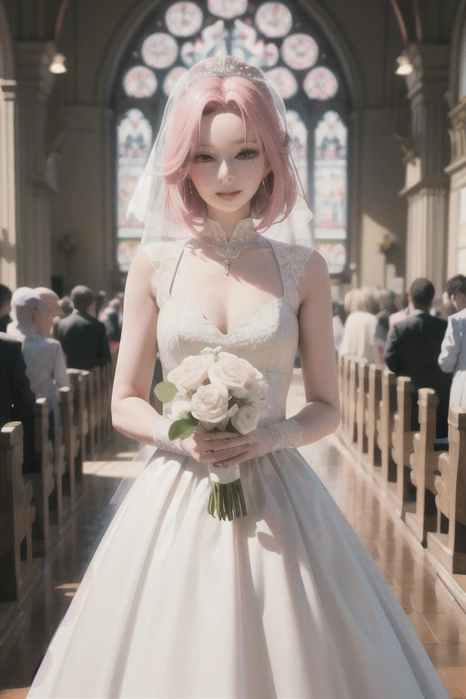 Sakura Haruno, ((alone)), alone, bride, Wearing White wedding dress, Queen, Happy, ((forehead to show)), Are standing, Entering the Church, pink hair, short hair, delicate, young, short hair, detailed face, High resolution, ((whole body)), (flowers around her), whole body, she is a beautiful woman getting married, Quality Face, beautiful, shine