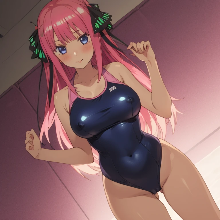 masterpiece, best quality, ultra detailed, best illustration, nsfw, 1girl, one-piece swimsuit, nakano nino, pink hair, butterfly hair ornament