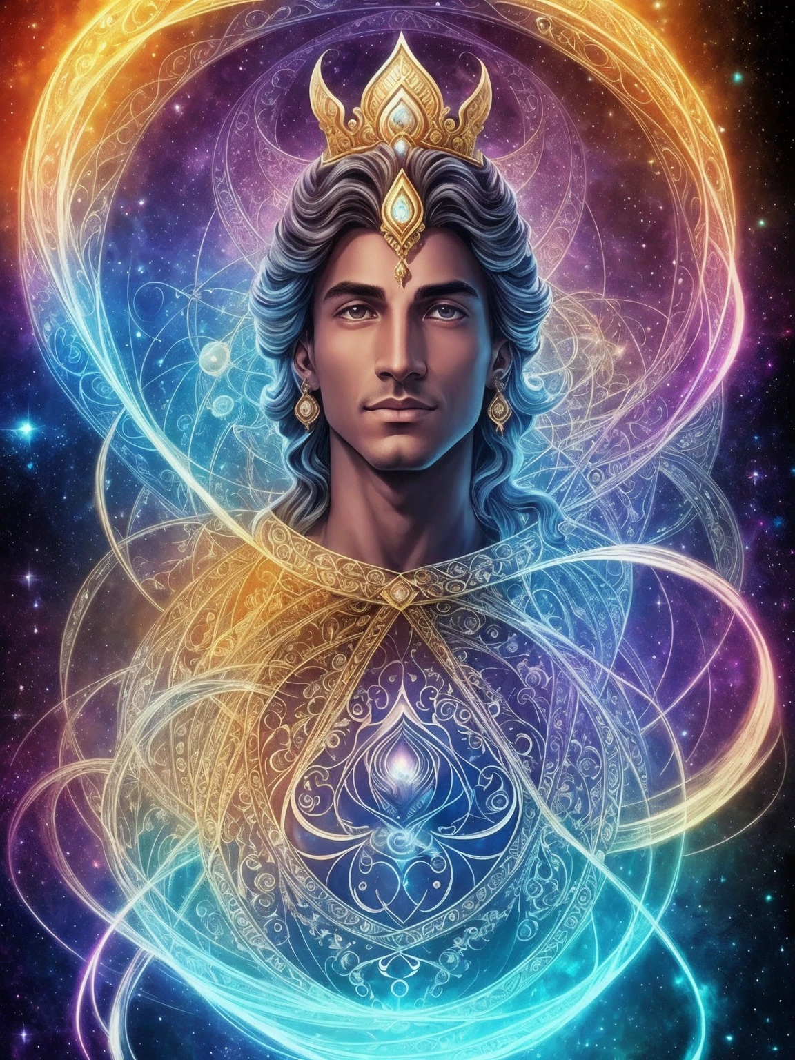 A powerful male being of cosmic essence, the Eternal Sovereign appears as a regal humanoid figure surrounded by an ethereal radiance. His physique exudes strength and grace, with cosmic hues shifting across his form – from deep blues and purples to vibrant golds and silvers. A celestial crown adorns his head, symbolizing his cosmic rulership, and intricate cosmic symbols and patterns are woven within the radiant energy enveloping him. His eyes glow with an otherworldly brilliance, resembling deep pools of cosmic energy, reflecting the wisdom of eons. As he moves, astral resonances echo in his wake, leaving visible trails of cosmic energy in the fabric of reality. The overall appearance is a breathtaking blend of celestial beauty and the power inherent to a mighty male form.