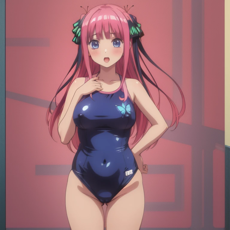 masterpiece, best quality, ultra detailed, best illustration, nsfw, 1girl, one-piece swimsuit, nakano nino, pink hair, butterfly hair ornament