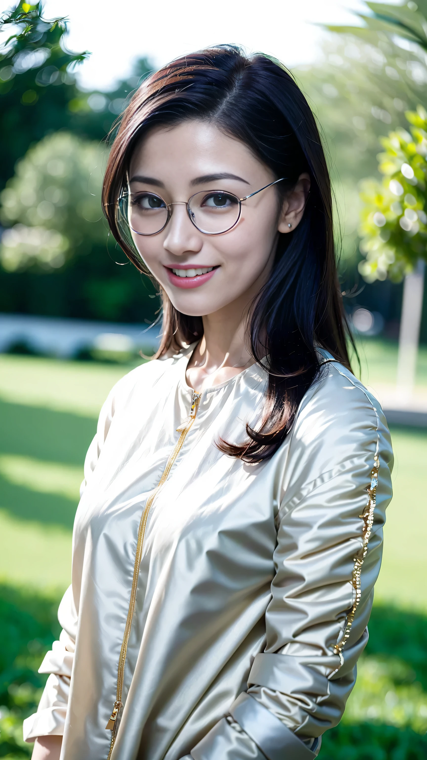 look at this and smile、Under the blue sky in midsummer、White casual clothes、best quality、Masterpiece、real picture、intricate details、original photo、super detailed、delicate face、delicate skin、8K masterpiece、((1 girl))、((alone))、18 years old、((gold-wire glasses))、CG social trends、((long black hair))、((beautiful woman))、(a smile)、((For the audience)),((Face it positively)),Top Teeth、fashionable、hair blowing in the wind、((flowing hair))、fashion magazine、((a sexy))、((like the same light)、((indirect lighting)、、(gender)、grinning、(looking from a distance)