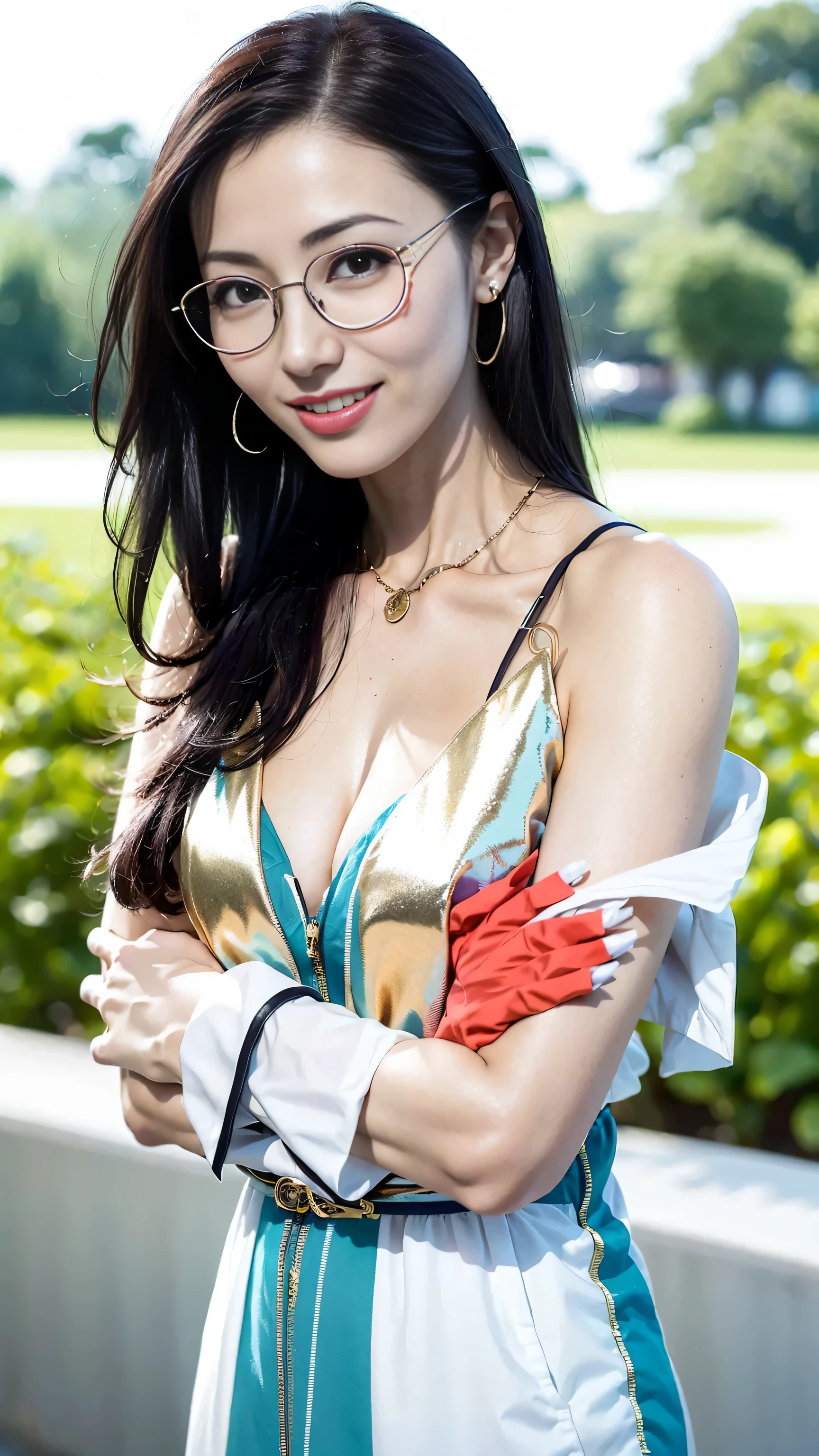 look at this and smile、Under the blue sky in midsummer、White casual clothes、best quality、Masterpiece、real picture、intricate details、original photo、super detailed、delicate face、delicate skin、8K masterpiece、((1 girl))、((alone))、18 years old、((gold-wire glasses))、CG social trends、((long black hair))、((beautiful woman))、(a smile)、((For the audience)),((Face it positively)),Top Teeth、fashionable、hair blowing in the wind、((flowing hair))、fashion magazine、((a sexy))、((like the same light)、((indirect lighting)、、(gender)、grinning、(looking from a distance)