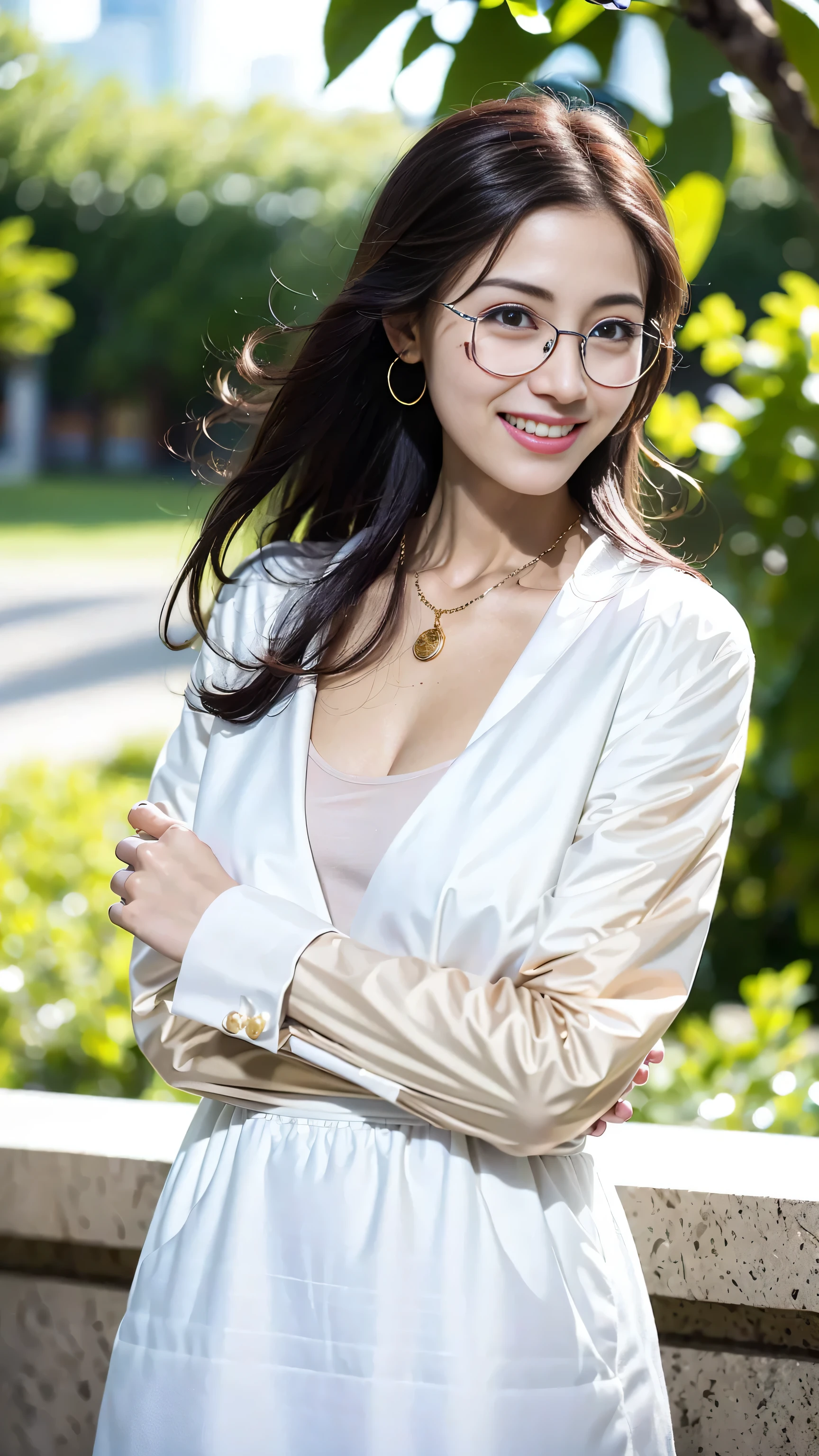 look at this and smile、Under the blue sky in midsummer、White casual clothes、best quality、​Masterpiece、real picture、intricate details、original photo、super detailed、delicate face、delicate skin、8K masterpiece、((1 girl))、((alone))、18 years old、((gold-wire glasses))、CG social trends、((long black hair))、((beautiful woman))、(a smile)、((For the audience))，((Face it positively))，Top Teeth、fashionable、hair blowing in the wind、((flowing hair))、fashion magazine、((a sexy))、((like the same light)、((indirect lighting)、、(gender)、grinning、(looking from a distance)