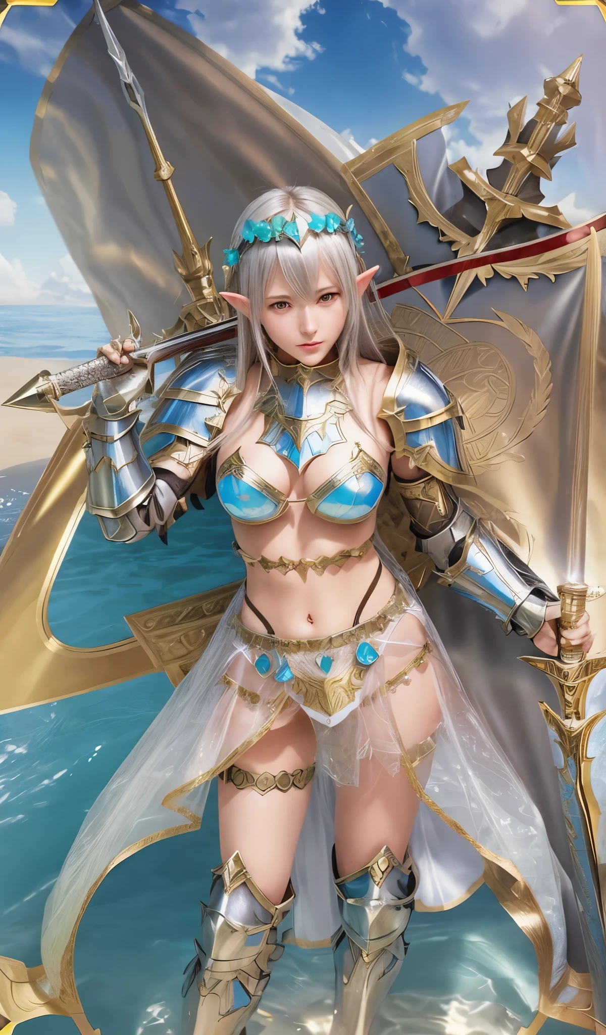 a naked woman in armor with a sword, bikini armor female knight, armor girl, knights of zodiac girl, granblue fantasy, ornate bikini armor, cushart krenz key art feminine, alluring elf princess knight, portrait knights of zodiac girl, goddess, bikini armor, mechanized valkyrie girl, in opal armor, bikini-armor