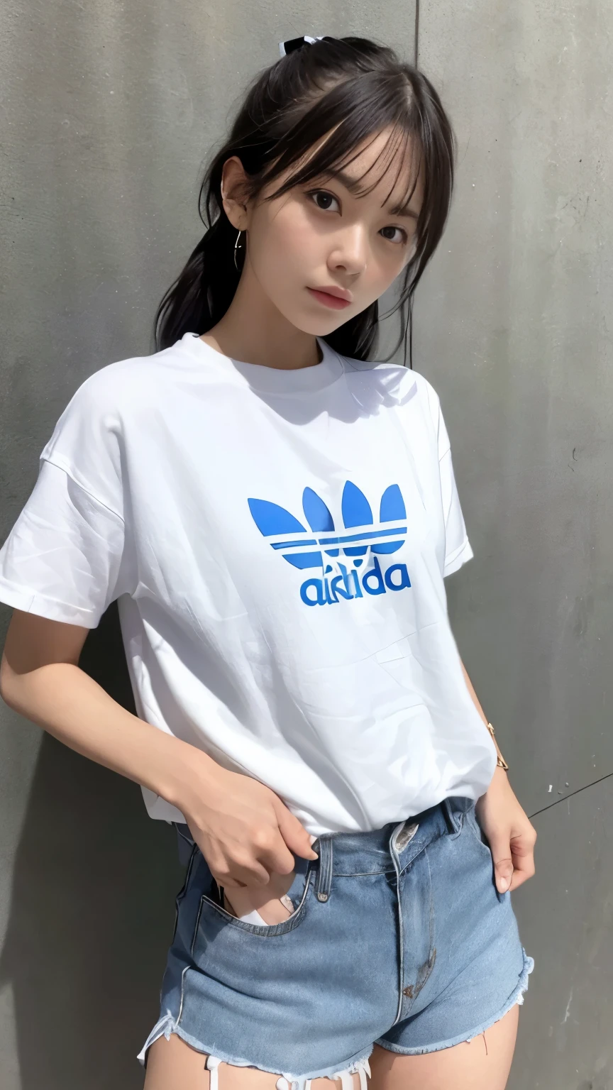 There is a woman in a white shirt and blue shorts, 80s sport clothing, clothes in the style of 1990, wearing adidas clothing, 1980's Minimal, dressed in a white t-shirt, 1980s catalogue photo, Clothed.1990's, 90s japan, Beautiful images