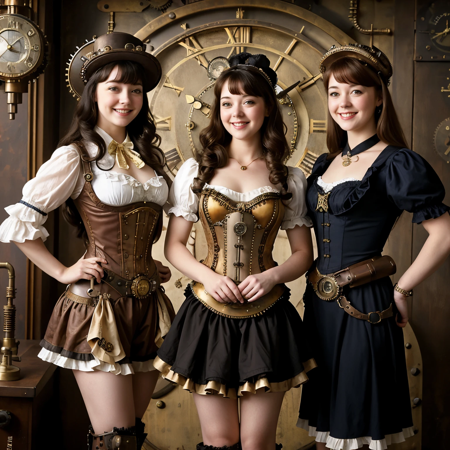 ((best quality)), ((masterpiece)), pretty smile with cure dimples, ((Photo-realistic)), (detailed), ((Angela Cartwright)), ((2 pretty Steampunk girls)), full body,