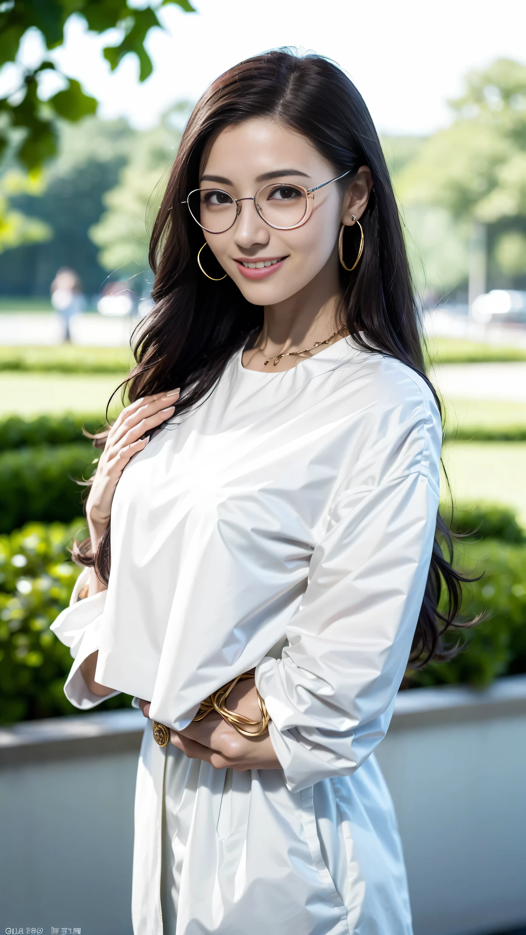 look at this and smile、Under the blue sky in midsummer、White casual clothes、best quality、Masterpiece、real picture、intricate details、original photo、super detailed、delicate face、delicate skin、8K masterpiece、((1 girl))、((alone))、18 years old、((gold-wire glasses))、CG social trends、((long black hair))、((beautiful woman))、(a smile)、((For the audience)),((Face it positively)),Top Teeth、fashionable、hair blowing in the wind、((flowing hair))、fashion magazine、((a sexy))、((like the same light)、((indirect lighting)、、(gender)、grinning、(looking from a distance)