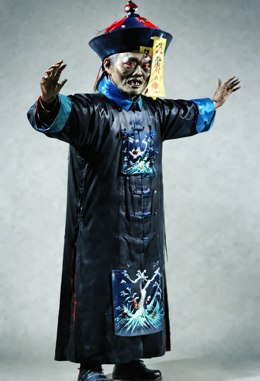 A terrifying Qing Dynasty zombie wears zombie_hat its both hands is up without loincloth and with the black Official uniform of a mandarin from Qing dynasty which jiangshi are usually portrayed wearing (stills:1.5), (poster:1.5), (Ink painting and watercolor:1.5),(actual),((masterpiece), (best quality), super high resolution, Excellent details, dramatic lighting, high resolution, 8k, ridiculous,Chinese building, Chinese tower, obsolete , (Chinese_clear_zombie:1.5),The color palette is dark and ominous, Create an atmosphere of fear. The overall composition reflects the ink elements of Asian horror posters and traditional Chinese aesthetics , (Delete Japanese and Korean styles).