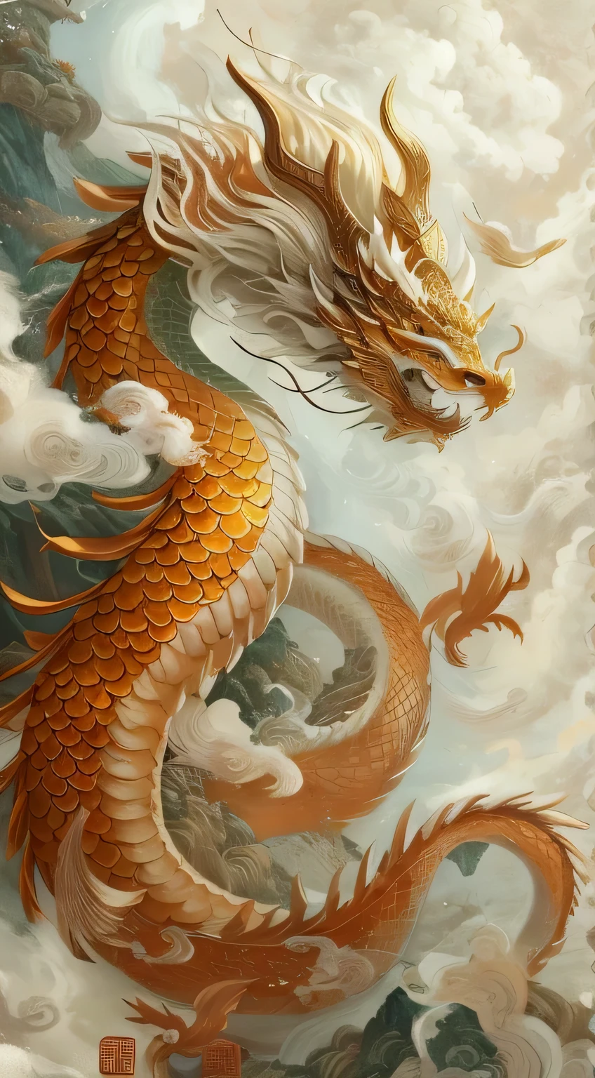 painting of a dragon in the clouds with a sky background, majestic japanese dragon, dragon art, chinese dragon concept art, golden dragon, oil painting of dragon, chinese dragon, smooth chinese dragon, phoenix dragon, flying dragon, chinese dragons fighting, cyan chinese dragon fantasy, epic dragon, Chinese fantasy, dragon, a dragon made of clouds, lung dragon, legendary dragon 装束华丽,Calm eyes,All body glittering,Perched on Yuanbao。Represents the God of Civil and Military Wealth,Take charge of worldly wealth、finance。