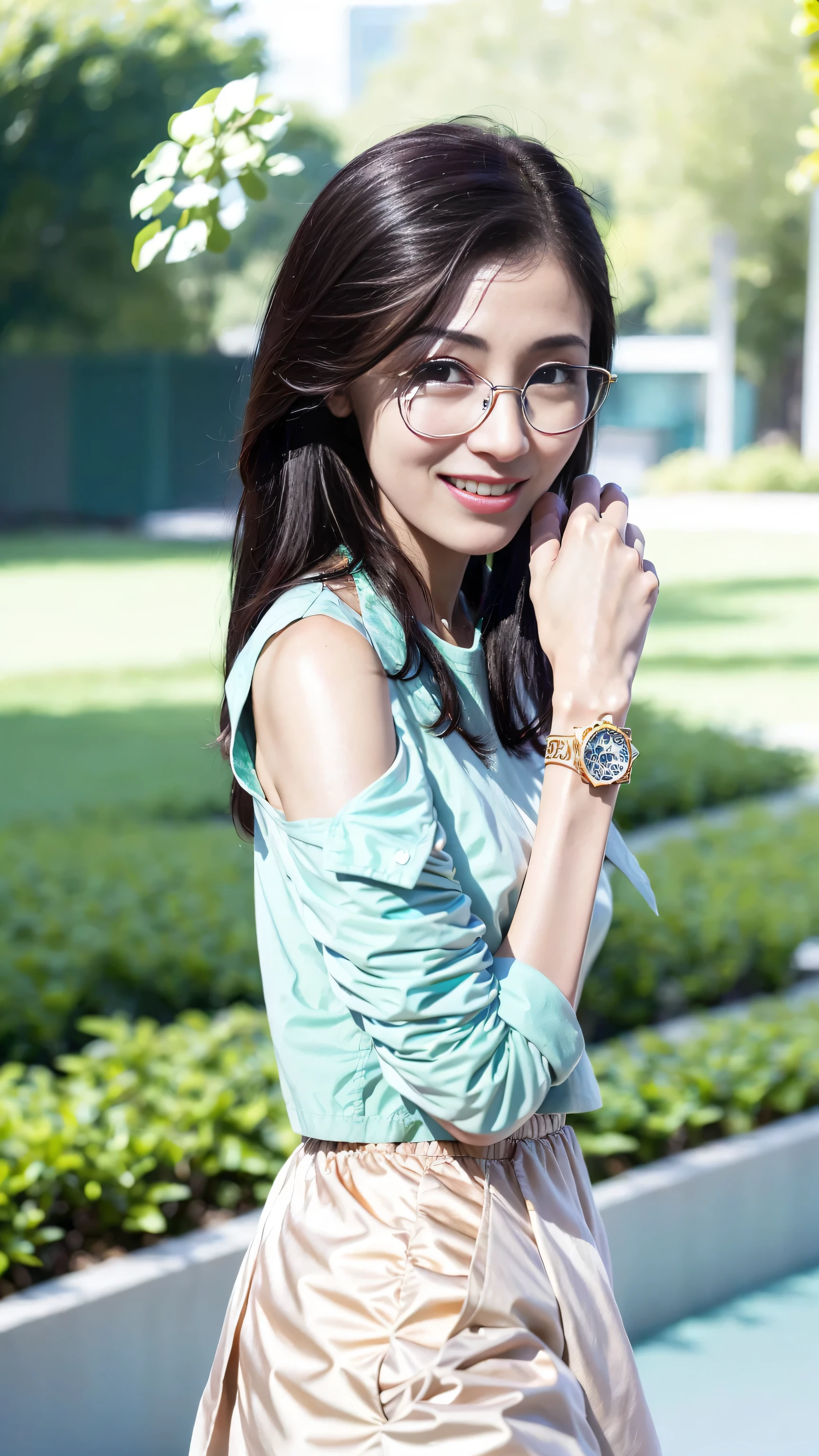 look at this and smile、Under the blue sky in midsummer、White casual clothes、best quality、Masterpiece、real picture、intricate details、original photo、super detailed、delicate face、delicate skin、8K masterpiece、((1 girl))、((alone))、18 years old、((gold-wire glasses))、CG social trends、((long black hair))、((beautiful woman))、(a smile)、((For the audience)),((Face it positively)),Top Teeth、fashionable、hair blowing in the wind、((flowing hair))、fashion magazine、((a sexy))、((like the same light)、((indirect lighting)、、(gender)、grinning、(looking from a distance)