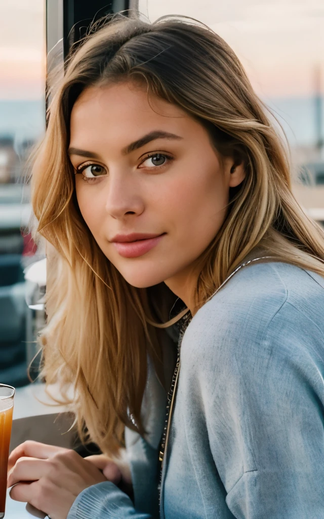 Beautiful blonde in black sweater (Sip cocktails in a modern cafe as the sun sets), Sehr detailiert, 21 Jahre alt, Unschuldiges Gesicht, Natural wavy hair, blaue Augen, high resolution, Goldene Halskette, Tischplatte, best quality, Komplizierte Details, Sehr detailliert, scharfer Fokus, detaillierte Haut, realistisch skin texture, Textur, detaillierte Augen, Fachmann, 4K, charming smile, in Canon gedreht, 85 mm, shallow depth of field, Kodak Vision Farbe, perfectly fitting body, Extremely detailed, ein Bild_\(Ultras\), fotorealistisch, realistisch, Nachbearbeitung, Maximale Detailgenauigkeit, Rauheit, wahres Leben, Ein hyperrealistischer, Fotorealismus, Fotografie, 8K UHD, Fotografie