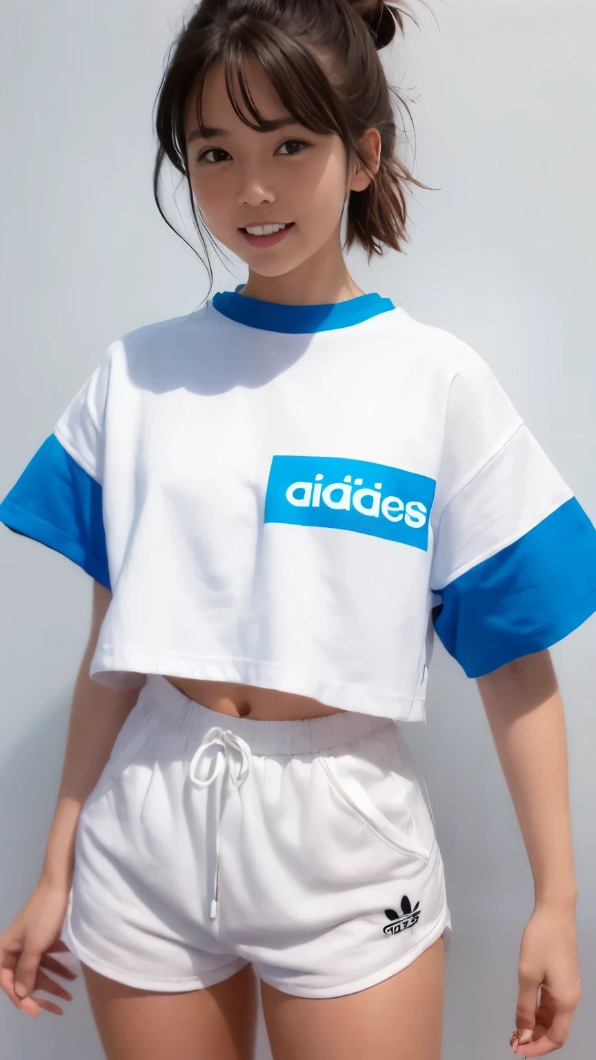 (smile:1.2), There is a woman in a white shirt and blue shorts, 80s sport clothing, clothes in the style of 1990, wearing adidas clothing, 1980's Minimal, dressed in a white t-shirt, 1980s catalogue photo, Clothed.1990's, 90s japan, Beautiful images