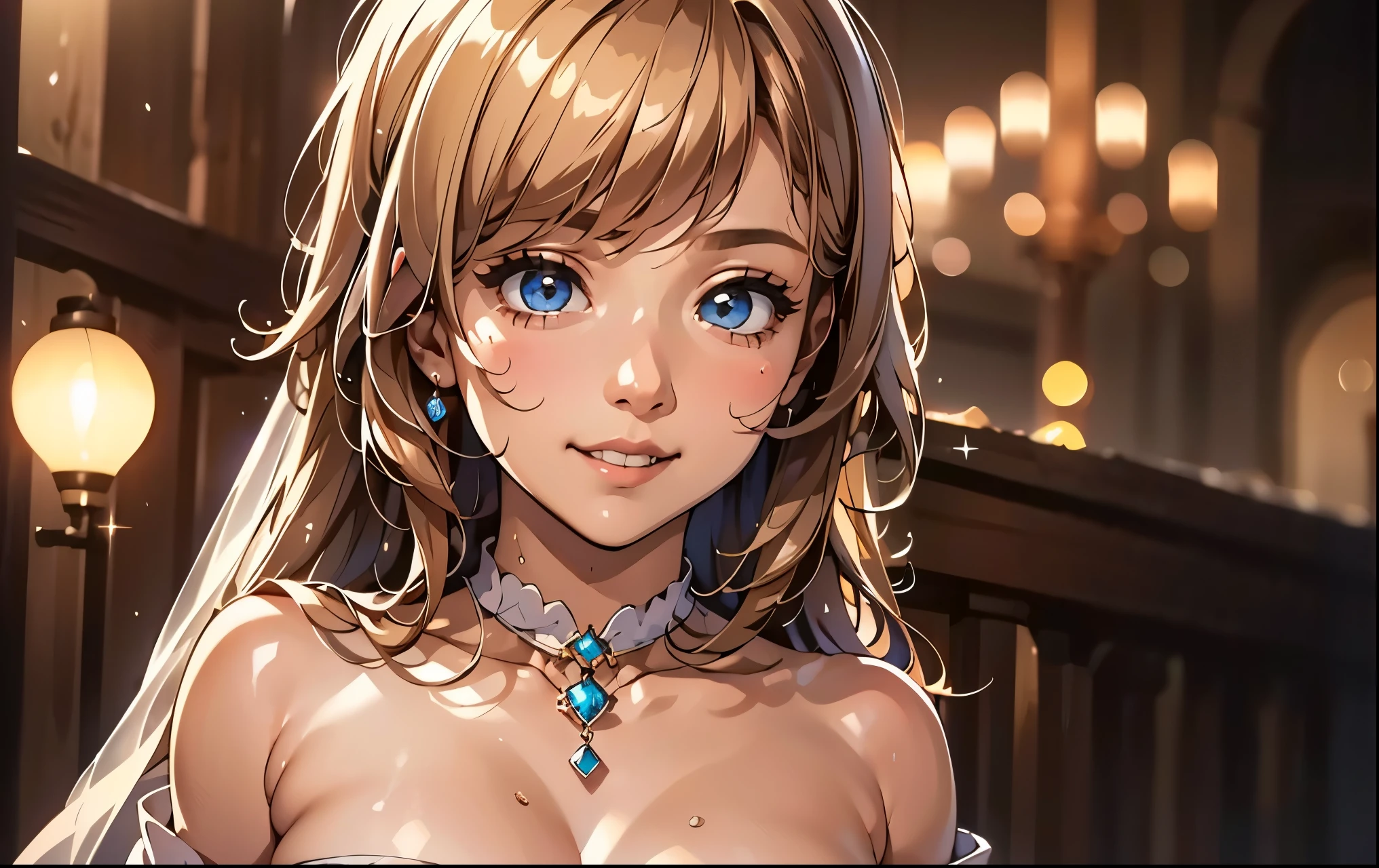 (table top), sexy、Natural light, realistic diffused light、, professional lighting、shine a spotlight on a person、Big eyes、eyes are blue、blonde、Russian、looking down、laugh a little、close one eye、Wedding dress、