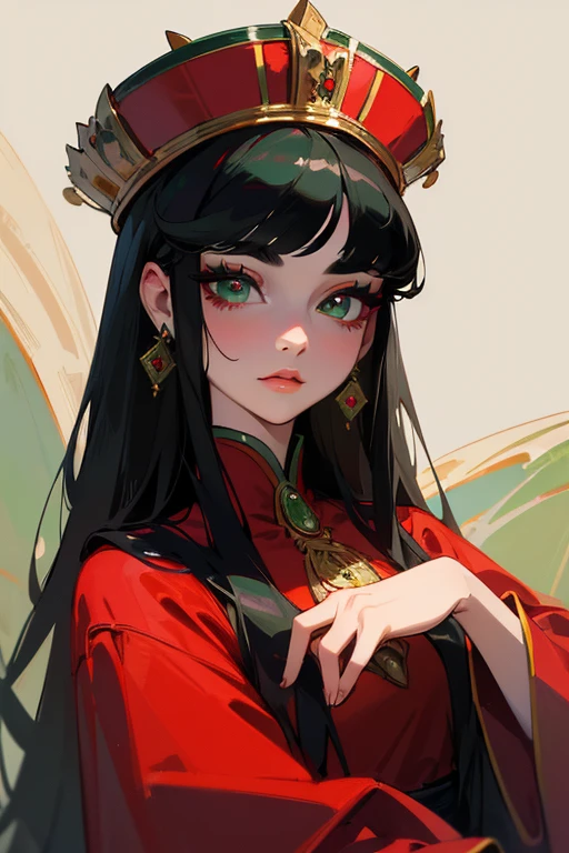 (highest quality, masterpiece:1.2), High resolution, Super detailed, realistic:1.37, fantasy, An illustration, green eyes、Queen, red dress.Platinum decoration、beautifully、Eyeshadow Red、Dark eyebrows、long eyelashes、Pupils are black、Hair is green