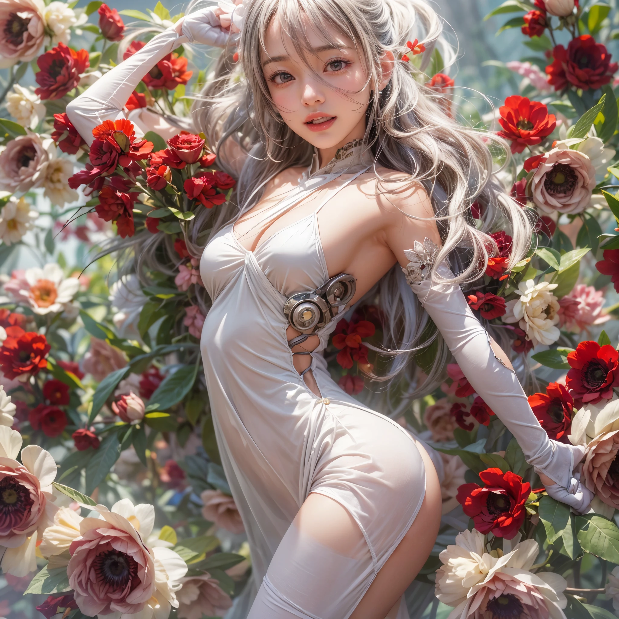 ((NSFW:-0.9, (nipple:-0.9), Acutance:0.85, White and Red, Mystic sight, (many Dazzling flush lights with lens flares), Luminous Particles, many colorful Lights )) . best quality, (masterpiece:1.3, ((realistic and photorealistic with touch of rawness:1.37)), ultra detailed:1.3) . (Amazing KAWAII Idols Walking on stage), ((Extremely detailed (KAWAII face variations)) with joyful expressions), { oiled ivory skin | Overflowing Biomechanical HUGE and HEAVY boob | pretty hips | (Exquisitely White dress with back cutouts) | Full of flowers covering girl's body | long hair:-0.8 }, { (Visible naked backs with Overflowing sideboob) | ( Walking on stage with Red highheels, large crowd:1.4) } . (((Ass focus, butt crack))), Whole Body proportions and all limbs are anatomically accurate .