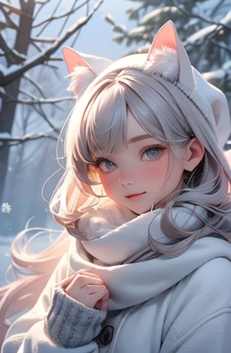 (best quality,4k,8k,highres,masterpiece:1.2),ultra-detailed,(realistic,photorealistic,photo-realistic:1.37),A cute cat girl with soft and fluffy white fur, with adorable detailed eyes and delicate pink nose and lips, standing in a snowy landscape. The girl has a sweet and innocent expression, with a hint of curiosity in her eyes. She is wearing a cozy winter outfit, with a knitted hat and scarf that match her fur color, adding extra cuteness to her appearance. The snowflakes are falling gently around her, creating a magical and dreamy atmosphere.
The snow-covered ground is pristine and pure, creating a soft and serene backdrop for the cat girl. The trees and foliage are partially covered in snow, with delicate branches peeking through the white blanket. The sunlight filters through the trees, casting a warm and gentle glow on the scene, enhancing the overall enchanting ambiance.
The color palette is dominated by shades of white and soft pastels, creating a calm and soothing atmosphere. The cat girl's fur is a mixture of whites and creams, with slight hints of pink blush on her cheeks. The landscape is bathed in cool tones of blue and gray, with subtle touches of pale pinks and purples in the sky and clouds.
The lighting is soft and diffused, with a gentle backlight illuminating the cat girl's silhouette, creating a soft halo effect around her. The shadows cast by the trees add depth and dimension to the scene, enhancing its overall realism.
This prompt will deliver a stunning and heartwarming masterpiece, showcasing the beauty of nature and the innocence of the cat girl in the snowy landscape.