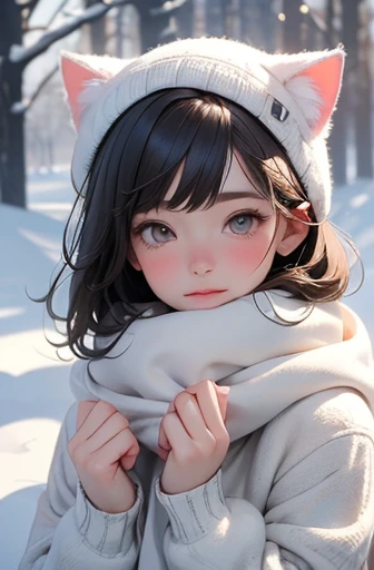 (best quality,4k,8k,highres,masterpiece:1.2),ultra-detailed,(realistic,photorealistic,photo-realistic:1.37),A cute cat girl with soft and fluffy white fur, with adorable detailed eyes and delicate pink nose and lips, standing in a snowy landscape. The girl has a sweet and innocent expression, with a hint of curiosity in her eyes. She is wearing a cozy winter outfit, with a knitted hat and scarf that match her fur color, adding extra cuteness to her appearance. The snowflakes are falling gently around her, creating a magical and dreamy atmosphere.

The snow-covered ground is pristine and pure, creating a soft and serene backdrop for the cat girl. The trees and foliage are partially covered in snow, with delicate branches peeking through the white blanket. The sunlight filters through the trees, casting a warm and gentle glow on the scene, enhancing the overall enchanting ambiance.

The color palette is dominated by shades of white and soft pastels, creating a calm and soothing atmosphere. The cat girl's fur is a mixture of whites and creams, with slight hints of pink blush on her cheeks. The landscape is bathed in cool tones of blue and gray, with subtle touches of pale pinks and purples in the sky and clouds.

The lighting is soft and diffused, with a gentle backlight illuminating the cat girl's silhouette, creating a soft halo effect around her. The shadows cast by the trees add depth and dimension to the scene, enhancing its overall realism.

This prompt will deliver a stunning and heartwarming masterpiece, showcasing the beauty of nature and the innocence of the cat girl in the snowy landscape.