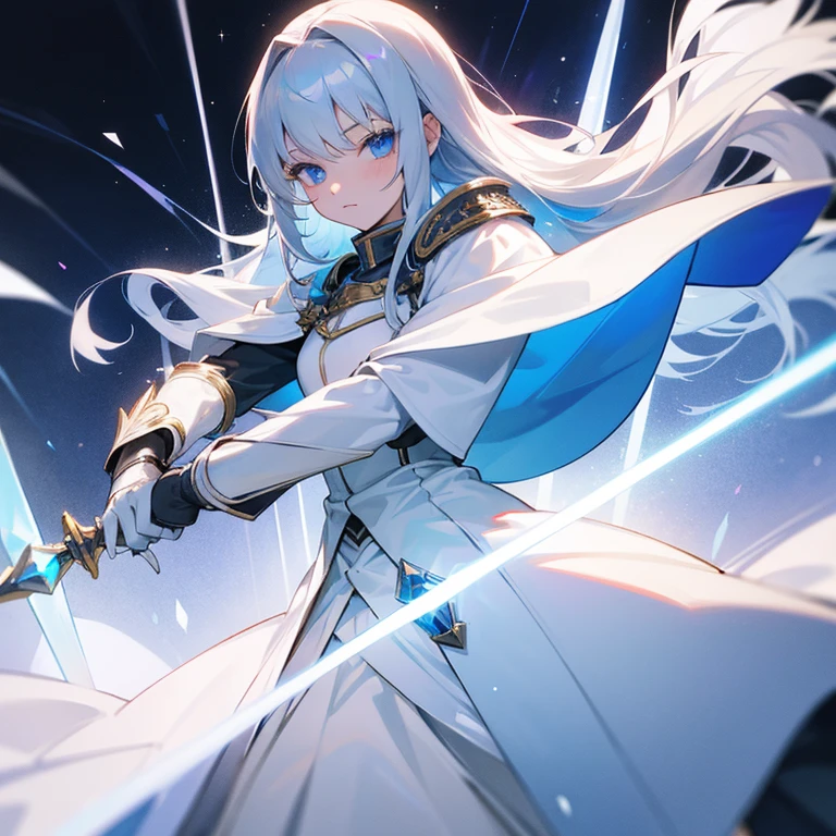 1 female,18-year-old,female knight,solo,silver hair,long hair,blue eyes,sparkling eyes,healthy white skin,White knight's uniform,white cloak,Holds a crystal sword that shines silver,cool,beautiful,cute,strong,friend,best quality,high resolution,high quality
