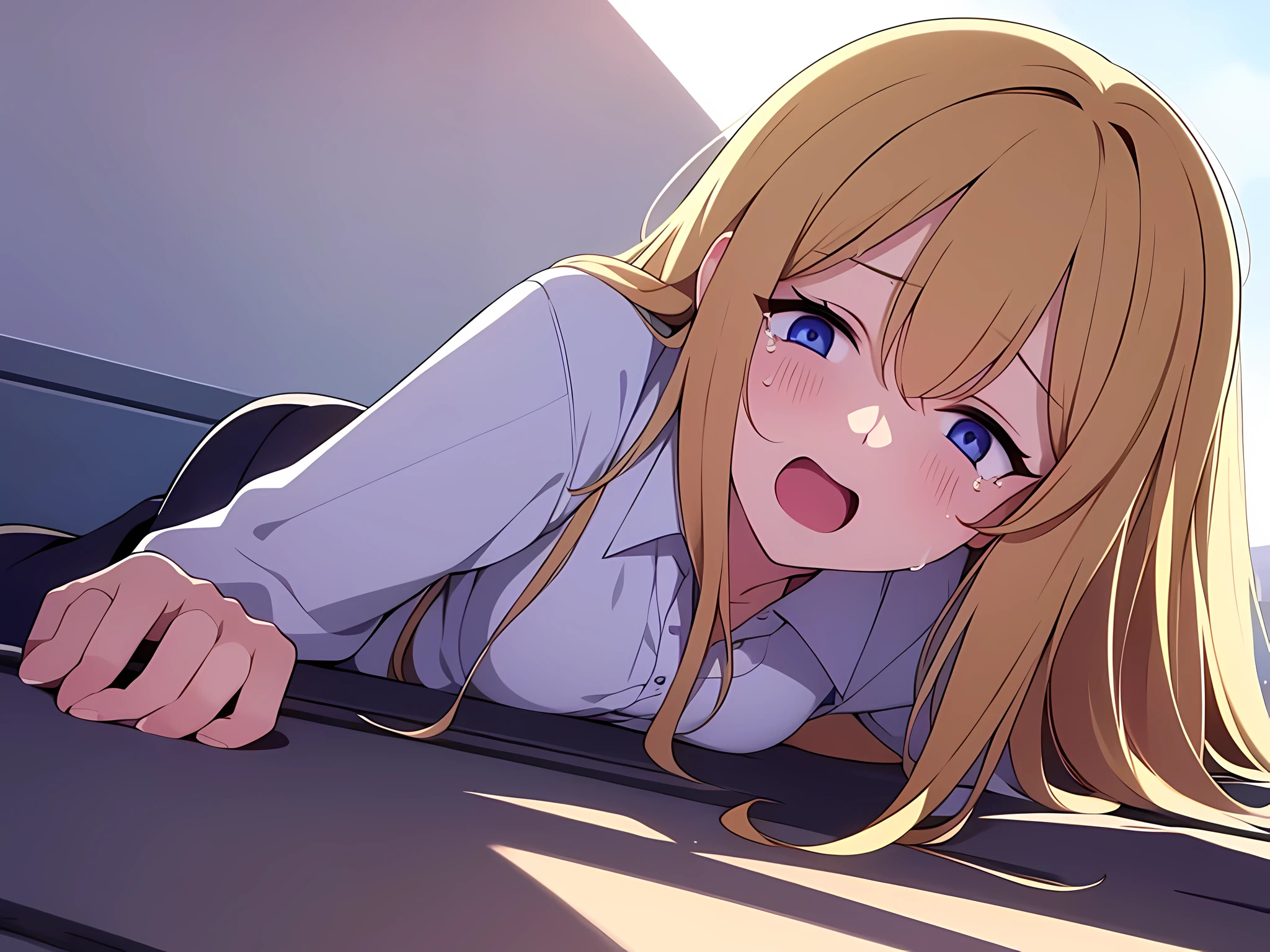 1 girl being raped by a man from behind, wearing white shirt and black skirt, laying down on floor, crying loudly, open mouth, sad facial expression, blonde hair, long hair, face to detail, detailed eyes, closeup illustration, perfect hands