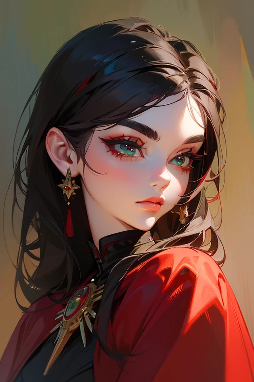 (highest quality, masterpiece:1.2), High resolution, Super detailed, realistic:1.37, fantasy, An illustration, green eyes、Queen, red dress.Platinum decoration、beautifully、Eyeshadow Red、Dark eyebrows、long eyelashes、Pupils are black、Hair is light green