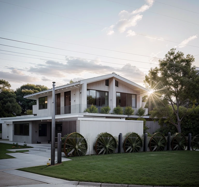 color photo of a modern and minimalist grey-colored Midcentury home. The house exudes an elegant and sophisticated vibe with its sleek lines, clean design, and neutral color palette. The exterior of the home is painted in a beautiful shade of grey, which perfectly complements the surrounding landscape. Large windows allow an abundance of natural light to flood the interior, creating a bright and airy atmosphere. The architectural details, such as the flat roof, angular shapes, and minimalistic landscaping, add to the overall contemporary aesthetic of the house. This grey Midcentury home stands as a timeless masterpiece, blending seamlessly with its surroundings.
