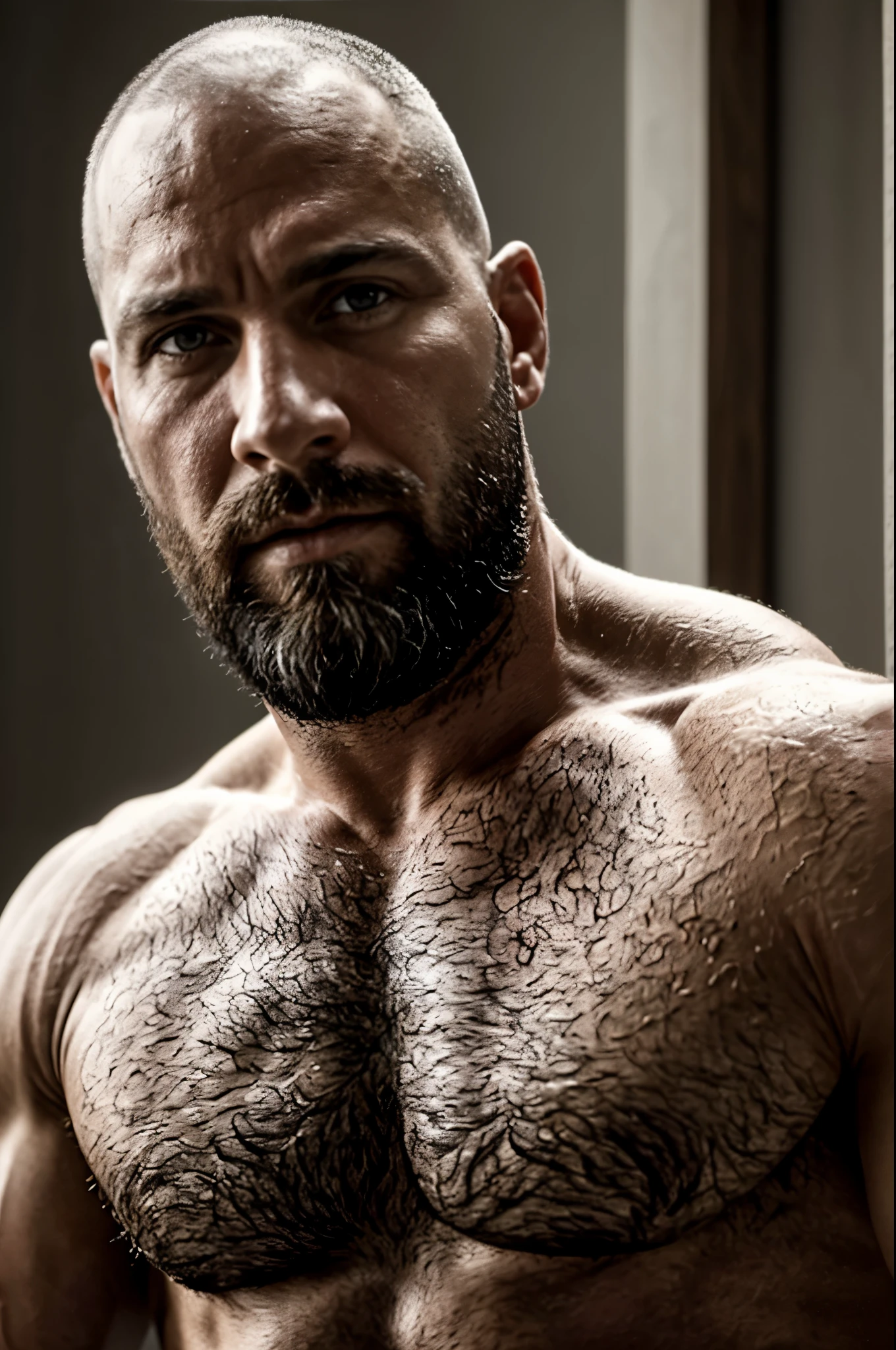 A muscular 40-year-old man portrait, wearing a white T-shirt and being naked, provocative, (best quality, 4k, highres, masterpiece:1.2), ultra-detailed, (realistic, photorealistic:1.37), strong body structure, defined muscles, intense gaze, rugged features, sculpted abs, dramatic lighting, seductive pose, vibrant colors, hiperrealism, 8k, bearded, Masculine.