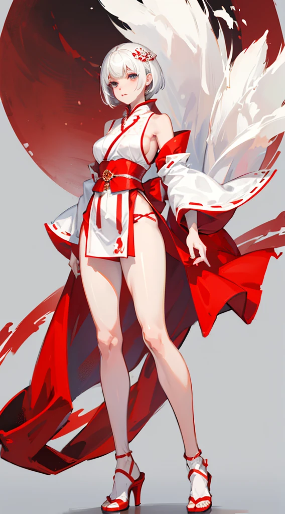 a girl，white short hair，Wearing red and white Hanfu，Leaking out of the thighs，huge ，slender waist，wearing high heels，full body display，Standing posture，Look ahead，Red and white background。