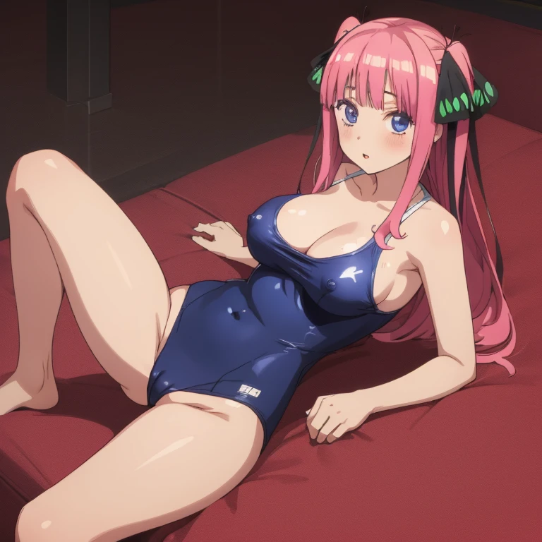 masterpiece, best quality, ultra detailed, best illustration, nsfw, 1girl, one-piece swimsuit, nakano nino, pink hair, butterfly hair ornament