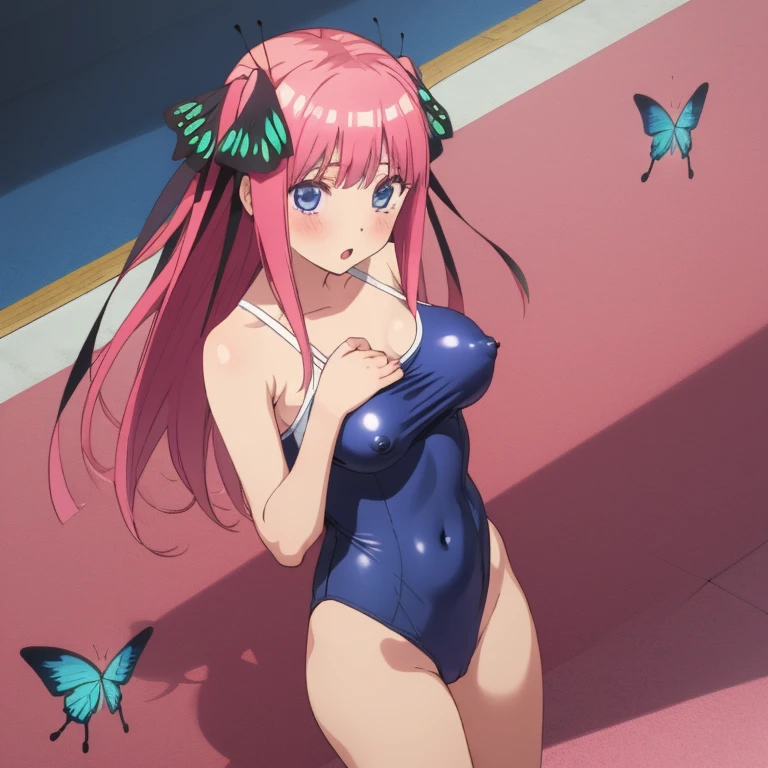masterpiece, best quality, ultra detailed, best illustration, nsfw, 1girl, one-piece swimsuit, nakano nino, pink hair, butterfly hair ornament