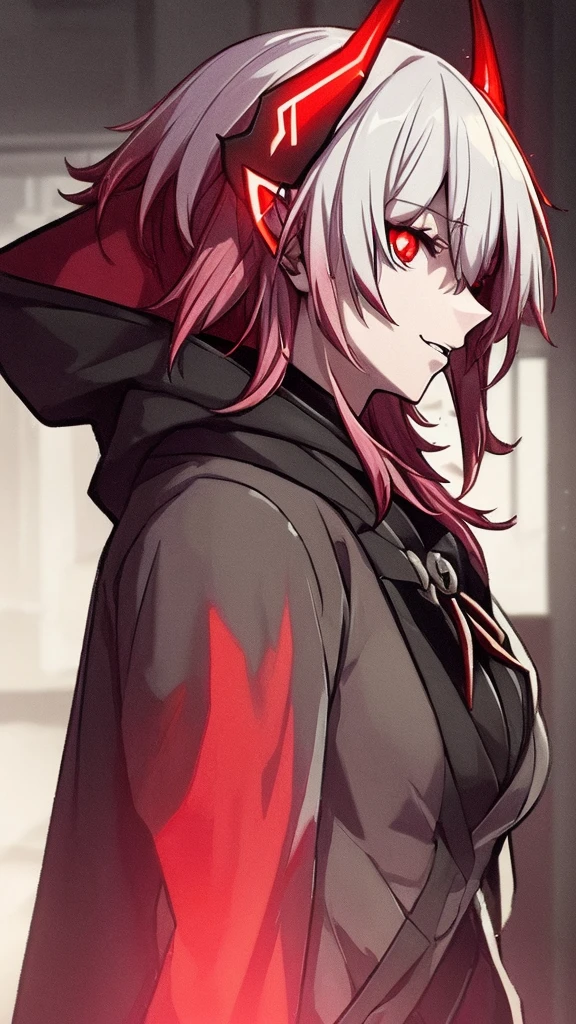 a dark red demon with horns and a hoodie, with red glowing eyes, red glowing eyes, evil smile and glowing eyes, the grim reapper, | demonic | horror themed, demon girl, grimdark vibes, evil glow, profile picture, helltaker, dark art style, villain wearing a red oni mask, with glowing red eyes, kk, best quality, more details, masterpiece, 1girl, kaneki ken, portrait, male focus, red eyes, solo, bangs, hood, short hair, rain, tokyo tokyo \(hell\), hood up, nail polish, white hair, luxurious, 8k, detailed, ray tracing, depth of field, cinematic lighting, devil, demon, (((masterpiece)))、(((top-quality)))、((ultra-detailliert))、Vampires