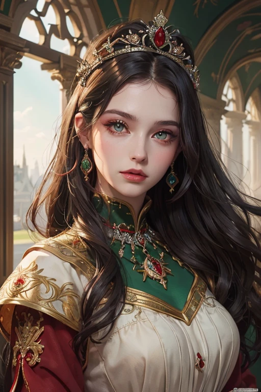 (highest quality, masterpiece:1.2), High resolution, Super detailed, realistic:1.37, fantasy, An illustration, green eyes、Queen, red dress.Platinum decoration、beautifully、Eyeshadow Red、Dark eyebrows、long eyelashes、Pupils are black、Hair is light green