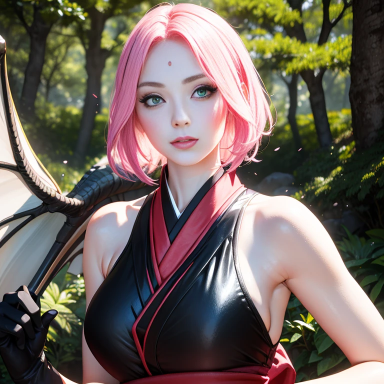 Young woman, slender body, porcelain skin, short pale pink hair, heart-shaped face, wide forehead, thin pink eyebrows, big jade green eyes, long eyelashes, buttoned nose, big pink lips, red kimono clothes with dragons , black gloves, sword, forest, Sakura Haruno, 3d, realistic, realism, high focus, details