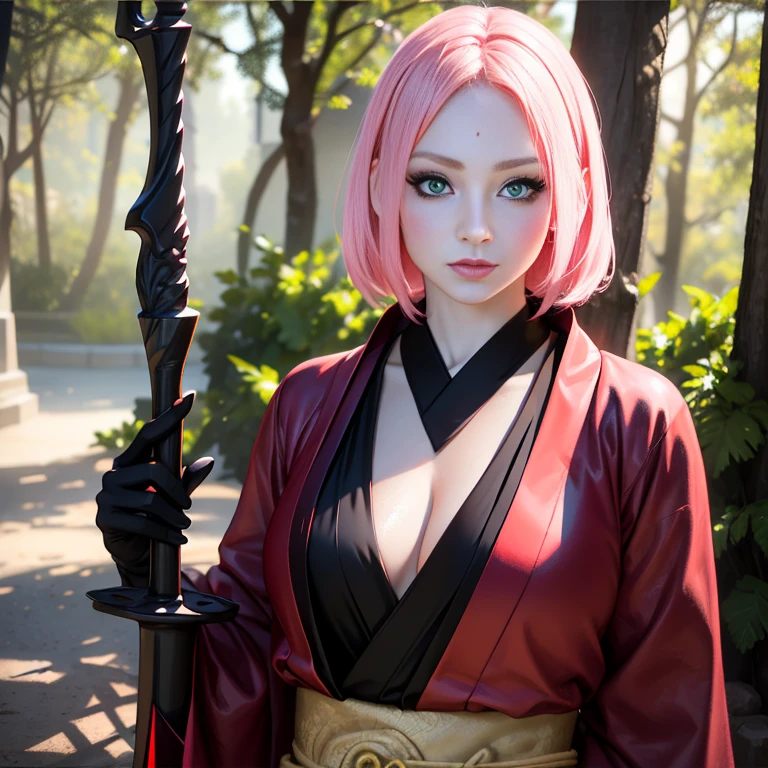 Young woman, slender body, porcelain skin, short pale pink hair, heart-shaped face, wide forehead, thin pink eyebrows, big jade green eyes, long eyelashes, buttoned nose, big pink lips, red kimono clothes with dragons , black gloves, sword, forest, Sakura Haruno, 3d, realistic, realism, high focus, details