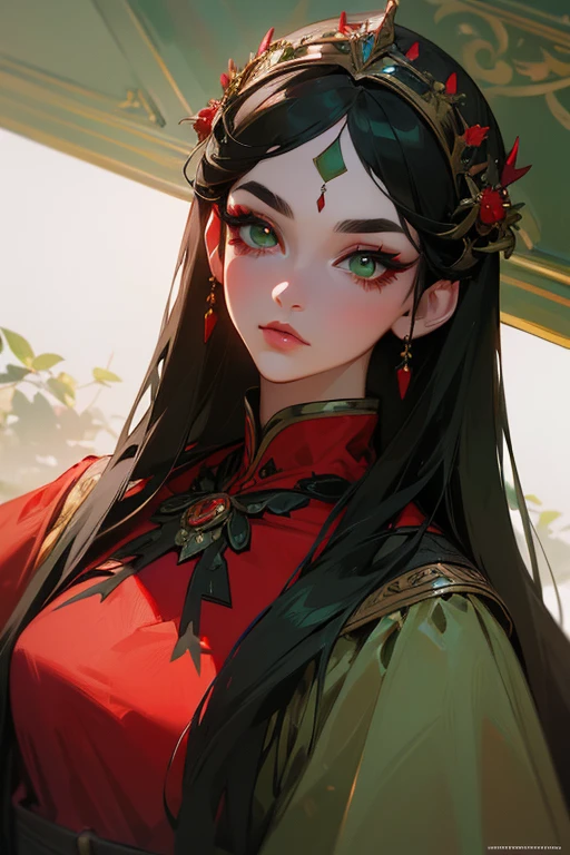 (highest quality, masterpiece:1.2), High resolution, Super detailed, realistic:1.37, fantasy, An illustration, green eyes、Queen, red dress.Platinum decoration、beautifully、Eyeshadow Red、Dark eyebrows、long eyelashes、Pupils are black、Hair is light green