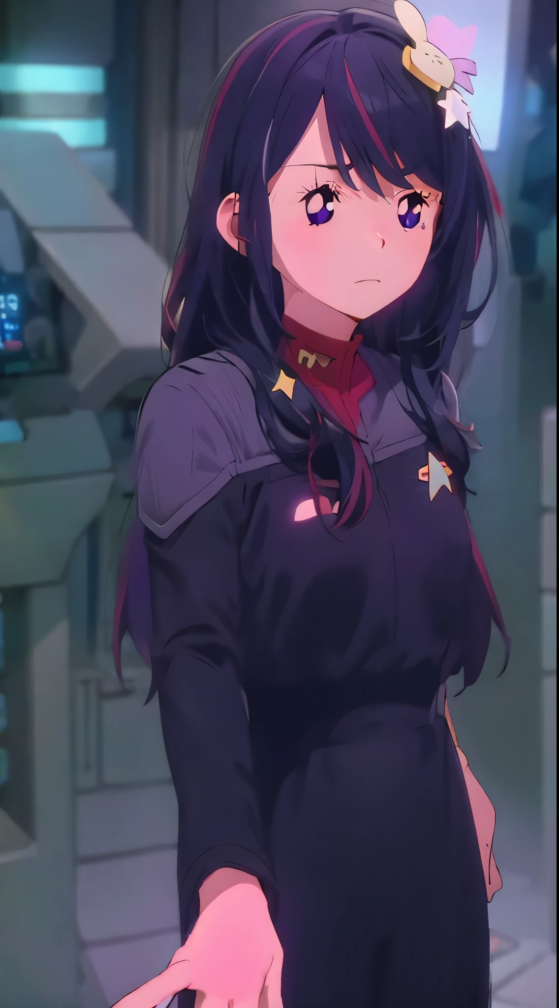 1 fullframe Hoshino Ai, long hair, purple hair, streaked hair ,purple eyes, star-shaped pupils, hair ornament, esyes closed hurt expression ds9st uniform