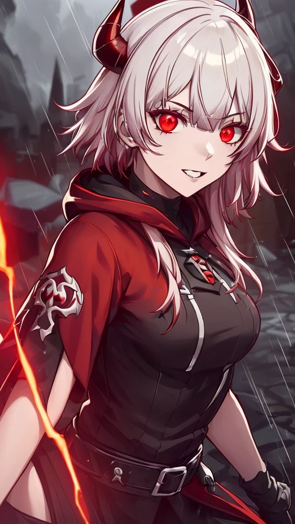 a dark red demon with horns and a hoodie, with red glowing eyes, red glowing eyes, evil smile and glowing eyes, the grim reapper, | demonic | horror themed, demon girl, grimdark vibes, evil glow, helltaker, dark art style, villain wearing a red oni mask, with glowing red eyes, kk, best quality, more details, masterpiece, 1girl, kaneki ken, girl focus, red eyes, solo, bangs, hood, short hair, rain, tokyo tokyo \(hell\), hood up, nail polish, white hair, luxurious, 8k, detailed, ray tracing, depth of field, cinematic lighting, devil, demon, (((masterpiece)))、(((top-quality)))、((ultra-detailliert))、Vampires