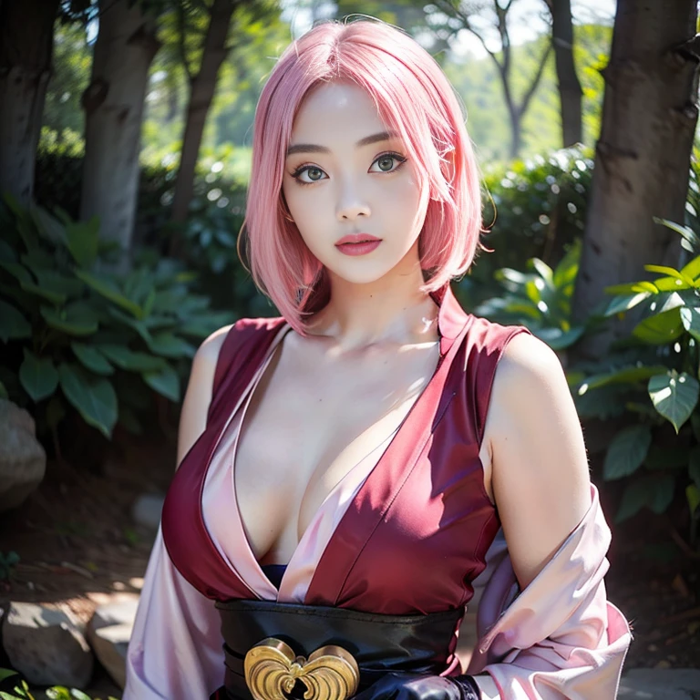 Young woman, slender body, porcelain skin, short pale pink hair, heart-shaped face, wide forehead, thin pink eyebrows, big jade green eyes, long eyelashes, buttoned nose, big pink lips, red kimono clothes with dragons , black gloves, sword, forest, Sakura Haruno, 3d, realistic, realism, high focus, details