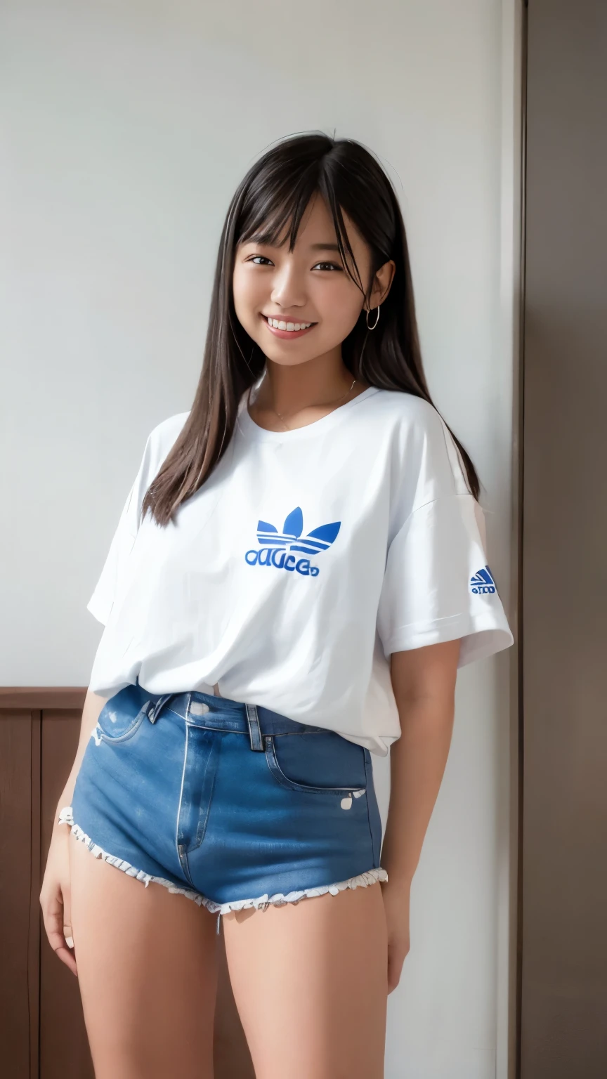 (smile:1.2), There is a woman in a white shirt and blue shorts, 80s sport clothing, clothes in the style of 1990, wearing adidas clothing, 1980's Minimal, dressed in a white t-shirt, 1980s catalogue photo, Clothed.1990's, 90s japan, Beautiful images