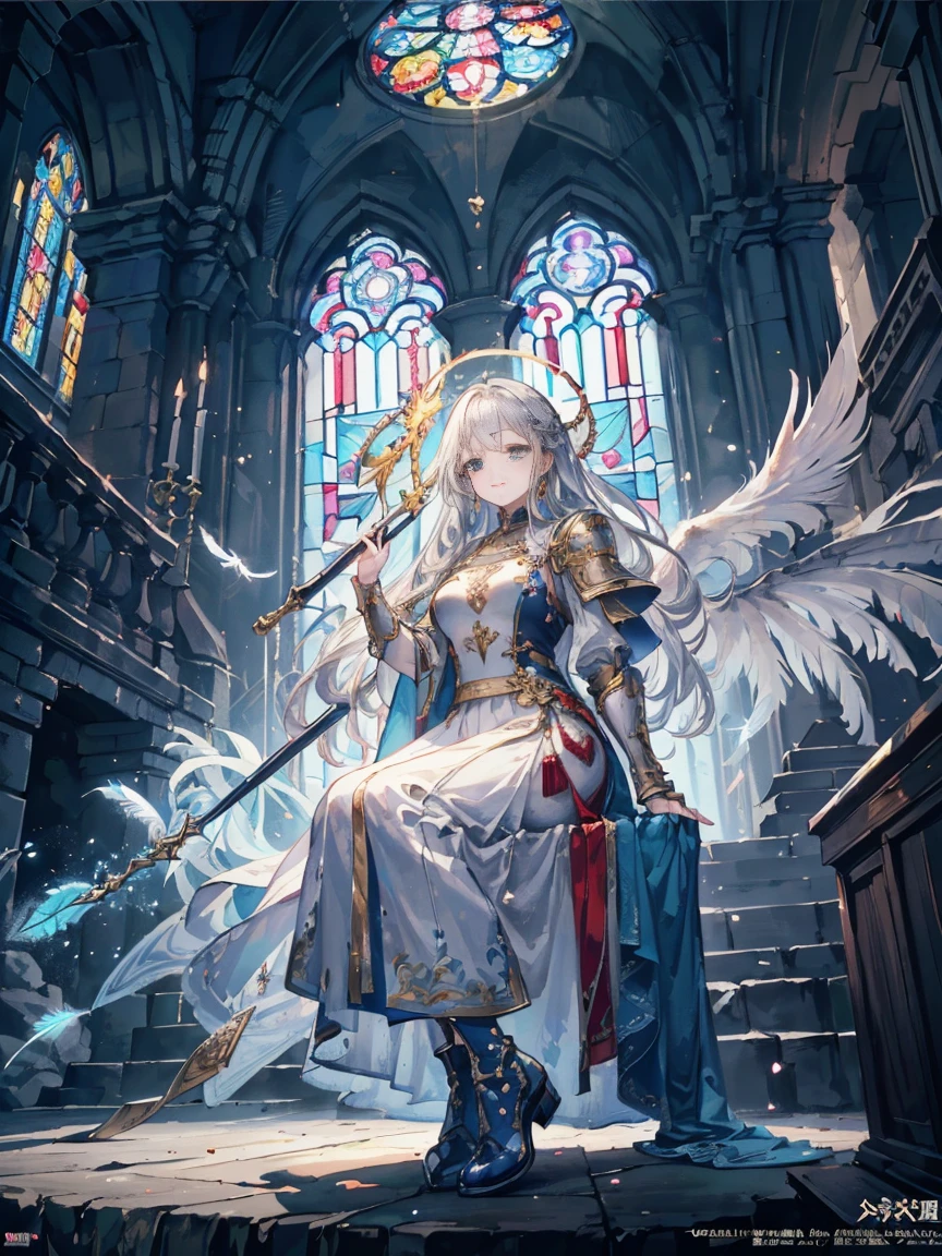 (official art、highest quality、Unity 8k wallpaper、32K、masterpiece、super detailed、Super high resolution、best illustrations、so ridiculous:1.2)、(cinematic lighting:1.2)、fire glow effect、film grain、best shadows、rim lighting、side light、(Super detailed and complex 3D rendering)、詳細なbeautiful faceと目、sharp pupils、realistic student、Slender、１men and women、medium bust、(whole body:1.2)、 beautiful face、16 year old beautiful girl、(super dense skin、fine skin texture:1.3)、(silver blonde、blue silver hair:1.3)、paladin、long hair、dull bangs、green eyes、3 braids in 1 bundle、(blue armor、blue boots、Blue helmet、jeweled、gold embroidery)、Slender、maxi skirt、(thighs thighs thighs:0.8)、(cheese、in house、artistic stained glass、large pipe organ、halo point、Mysterious、many feathers floating、Angelic、particles of light、Majestic、Sunlight is、Colorful、Fantastic:1.2)、(Fantastic:1.3)、(Holding the holy sword:1.0)、Fantastic、smile