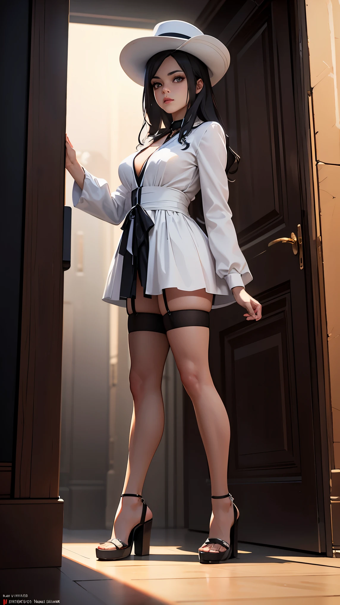 (masterpiece), best quality, expressive eyes, perfect face, Beautiful girl, white dress, hat, Uncensored, 3 d, octane render, unreal engine 5, concept art, vibrant colors, glow, trending on artstation, ultra high detail, ultra realistic, cinematic lighting, focused, 8 k, stockings, platform heels