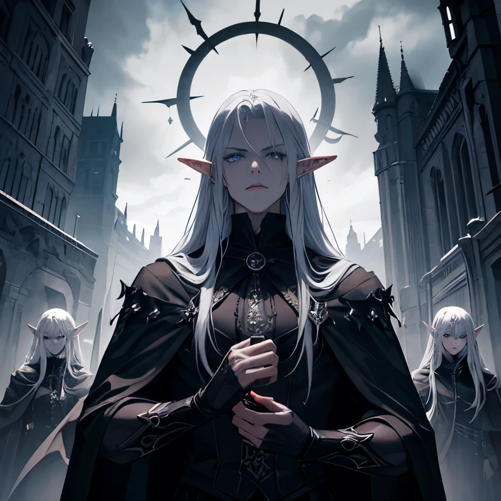 masterpiece, Best quality. Beautiful face. Blond muscular man, evil lord, long flowing white hair, sharp ears, elf, gray cloak, piercing blue eyes, menacing expression on his face, powerful aura, standing in a dimly lit room,, casting eerie shadows, , decorated with intricate details, with a sinister grin, Gives off an aura of darkness, With a frightening presence, in a gothic castle, with impressive architecture, shrouded in fog, under the blood red moon, amidst a brewing storm, Creating an ominous atmosphere, Reminds me of the cover of a dark fantasy novel, With spectacular lighting, emphasizing the contrast between light and shadow, evoking a sense of mystery and danger, with a touch of supernatural elements and captivating artistry.