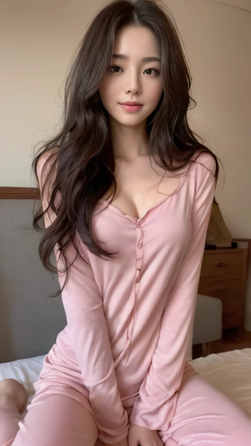 ((top-quality、8k、​masterpiece:1.3))、Beautiful woman with perfect body:1.4、slim abdomen:1.2、Longhair, normal breast, Highly detailed facial and skin texture, A detailed eye, delicate eyes, (smile), (full body shot), ((bedroom)), (sitting on bed), (((wearing pink long sleeping wear))), looking in front