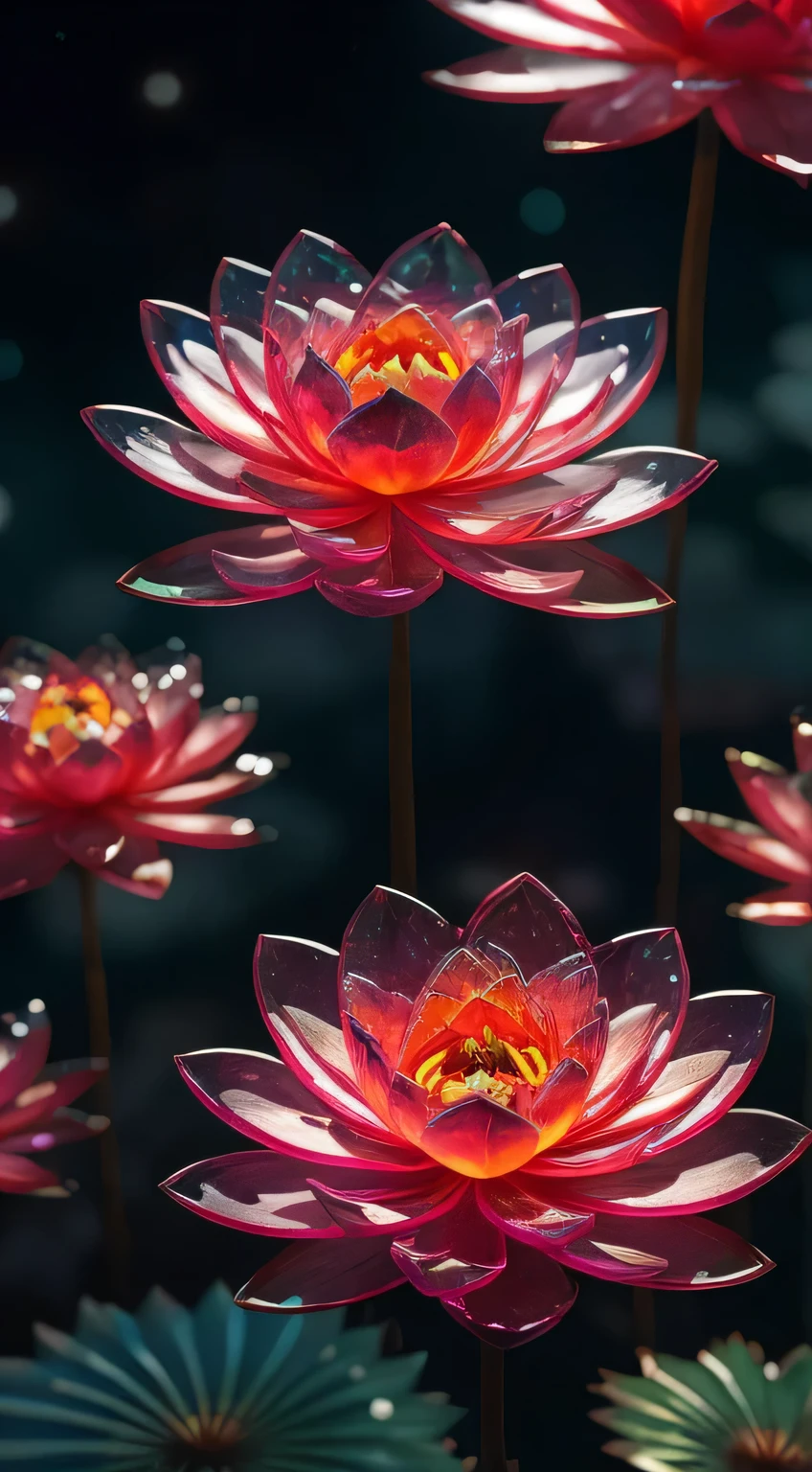 a crystal red lotus,
fantasy, galaxy, transparent,
shimmering, sparkling, splendid, colorful,
magical photography, dramatic lighting, photo realism, ultra-detailed, 4k, Depth of field, High-resolution